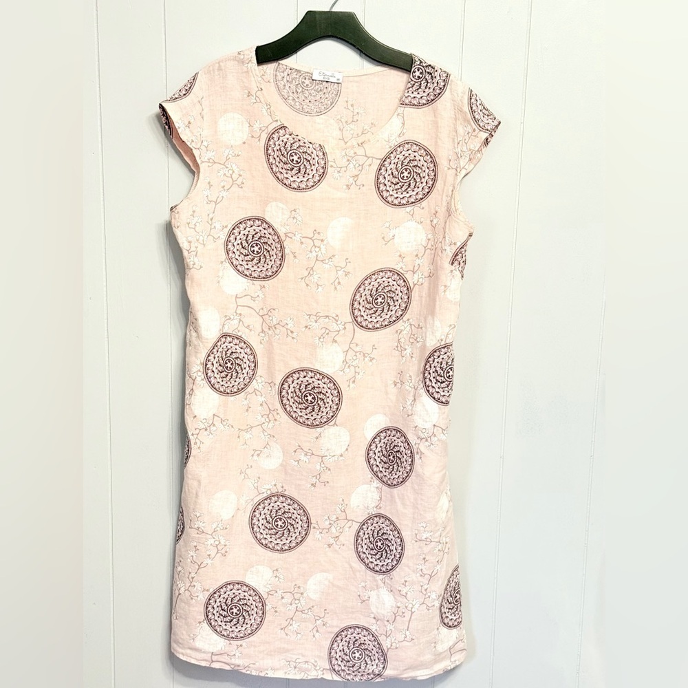 #13) Eternelle Linen Blend Pink and Purple Patterned Dress